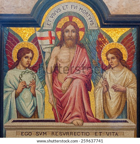 JERUSALEM, ISRAEL - MARCH 5, 2015: The mosaic of resurrection of Jesus in st. George anglicans church from end of 19. cent.
