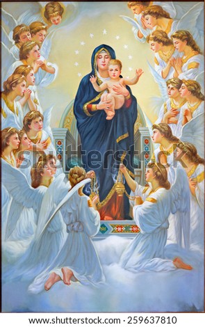 BETHLEHEM, ISRAEL - MARCH 6, 2015: The Madonna among angels from 20.cent. in Syrian orthodox church.