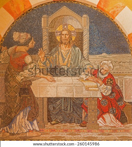 JERUSALEM, ISRAEL - MARCH 3, 2015: Jesus at the visitation by Martha and Mary. Mosaic on the chorus of Evangelical Lutheran Church of Ascension designed by H. Schaper and F. Pfannschmidt (1988-1991).