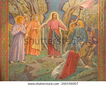 JERUSALEM, ISRAEL - MARCH 3, 2015: The mosaic of the arresting of Jesus in Gethsemane garden in The Church of All Nations (Basilica of the Agony) by Pietro D\'Achiardi (1922 - 1924).