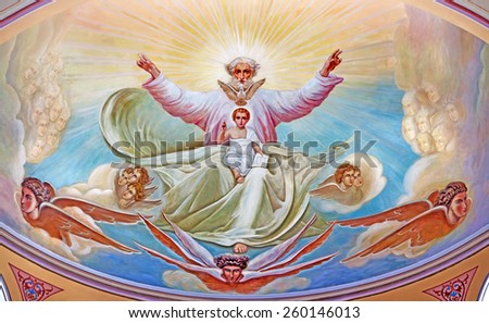 JERUSALEM, ISRAEL - MARCH 5 , 2015: God the Father with the little Jesus. Fresco from 20. cent. in the side apse of Russian orthodox cathedral of Holy Trinity in the Russian Compound.