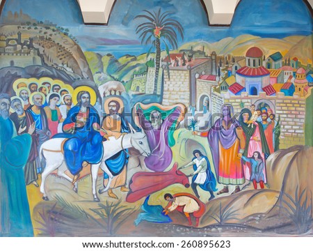 BETHLEHEM, ISRAEL - MARCH 6, 2015: The modern fresco of Palm Sunday from 20.cent. in Syrian orthodox church by artist K. Veniadis (1987).