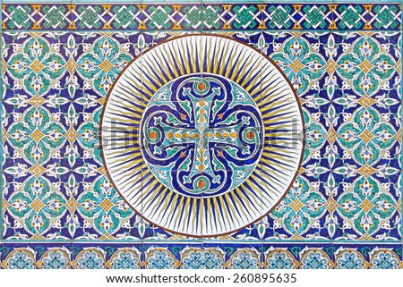 JERUSALEM, ISRAEL - MARCH 5, 2015: The tiled Armenian cross in vestibule of St. James Armenian cathedral from end of 19. cent.