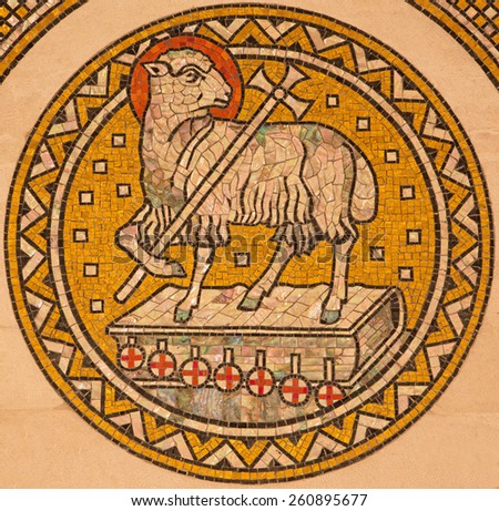 JERUSALEM, ISRAEL - MARCH 3, 2015: The lamb of God.  Mosiaic on the side altar of Evangelical Lutheran Church of Ascension designed by H. Schaper and F. Pfannschmidt (1988-1991).