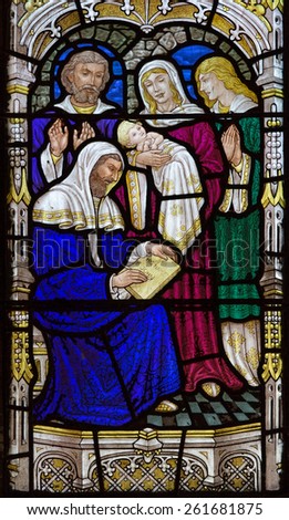 JERUSALEM, ISRAEL - MARCH 5, 2015: The birth of st. John the Baptist scene on the windowpane in st. George anglicans church from end of 19. cent.