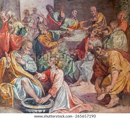 ROME, ITALY - MARCH 25, 2015: The feet washing scene of Last supper. Fresco in church Santo Spirito in Sassia by unknown artist of 16. cent.