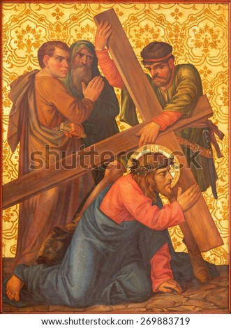 JERUSALEM, ISRAEL - MARCH 4, 2015: The Christ fall under cross paint from end of 19. cent. by unknown artist as part of cross way cycle in Armenian Church Of Our Lady Of The Spasm.