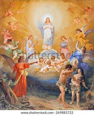 ROME, ITALY - MARCH 27, 2015: The fresco The Expulsion of Adam and Eve from Paradise on the vault of church Basilica di Sant Andrea della Valle by Virginio Monti from end of 19. cent.