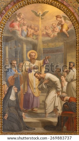 ROME, ITALY - MARCH 27, 2015: The Baptism of st. Augustine ad st. Ambrose fresco in Basilica di Sant Agostino (Augustine) by Giovanni Battista Speranza from 18. cent.