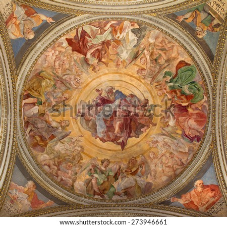 ROME, ITALY - MARCH 27, 2015: The God the Father Adored the Heavenly Host fresco by Paolo Guidotti (1560 - 1629) on the ceiling in side chapel of St Francis in Basilica di Santa Maria in Trastevere.