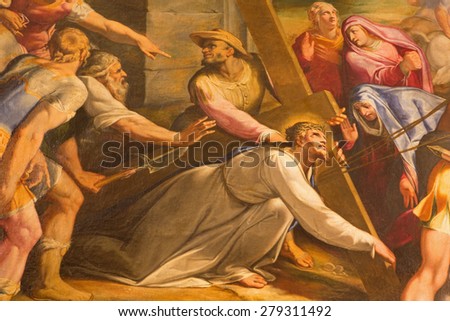 ROME, ITALY - MARCH 25, 2015: The detail of paint Christ Falls Beneath the Cross in church Chiesa del Jesu by Gaspare Celio (1571 - 1640) in church Chiesa del Jesu.