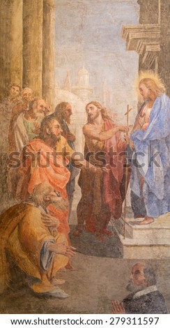 ROME, ITALY - MARCH 27, 2015:The fresco as The John the baptist shows the Christ  by  Leonardo Milanese from 16. cent. in St. John the Baptist chapel of church San Pietro in Montorio.