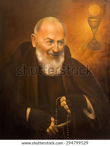 CORDOBA, SPAIN - MAY 27, 2015: The fine art portrait of St. Pater Pio (Father Pio) by unknown artst of 20. cent. in church  Convento de Capuchinos (Iglesia Santo Anchel).