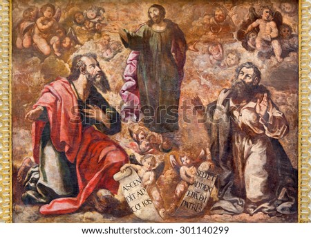 CORDOBA, SPAIN - MAY 26, 2015: The fresco of Ascension of the Lord from 17. cent. by Cristobal Vela and Juan Luis Zambrano in church Iglesia de San Augustin..