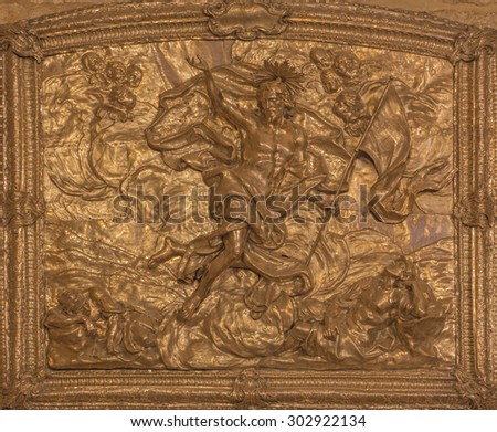 JERUSALEM, ISRAEL - MARCH 3, 2015: The metal relief of Resurrection of Christ  by unknown artist.