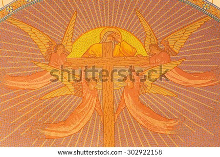 JERUSALEM, ISRAEL - MARCH 3, 2015: The mosaic of God the Father with the cross and angels in Church of St. Peter in Gallicantu.