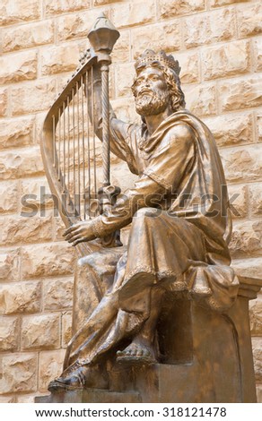 JERUSALEM, ISRAEL - MARCH 4, 2015: The King David sculpture dedicated to the Israeli by David Palombo (1920 - 1966) befort the King Davids tomb, which is on Mount Zion.