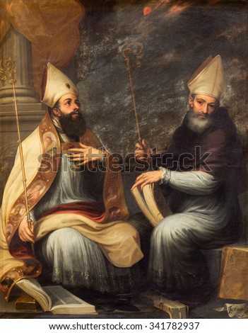 GRANADA, SPAIN - MAY 29, 2015: The paint of St. Ambrose and St. Augustine the Doctors of the west catholic church in the church Monasterio de San Jeronimo by Juan de Sevilla Romero (1643 - 1695).