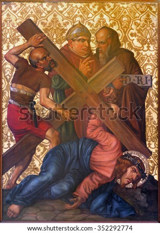 JERUSALEM, ISRAEL - MARCH 4, 2015: The Jesus fall under cross paint from end of 19. cent. by unknown artist as part of cross way cycle in Armenian Church Of Our Lady Of The Spasm.