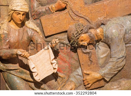 BANSKA STIAVNICA, SLOVAKIA - FEBRUARY 5, 2015: The carved relief Veronica wipes the face of Jesus. as the part of baroque Calvary from years (1744 - 1751) by Dionyz Stanetti.