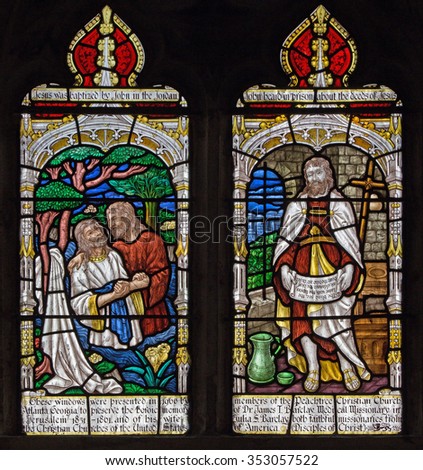 JERUSALEM, ISRAEL - MARCH 5, 2015: The baptism of Christ, and St. John the Baptist on the windowpane in st. George anglicans church from end of 19. cent.