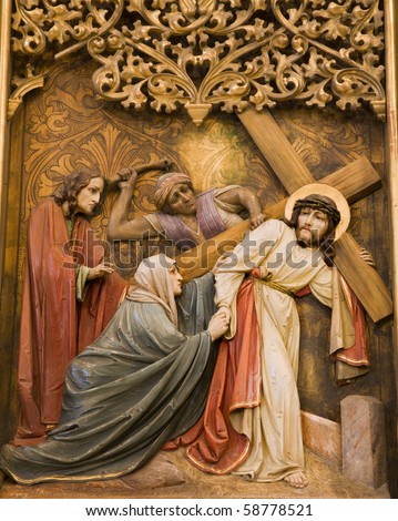 Bratislava - detail of gothic altar from st. Martins cathedral - Jesus and hl. Mary on the cross-way