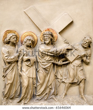 Vienna - relief Christ with the cross and  and mother Mary from the Dominicans church