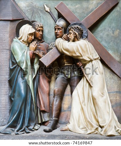 Vienna - relief Christ with the cross and and mother Mary from st. Francis church