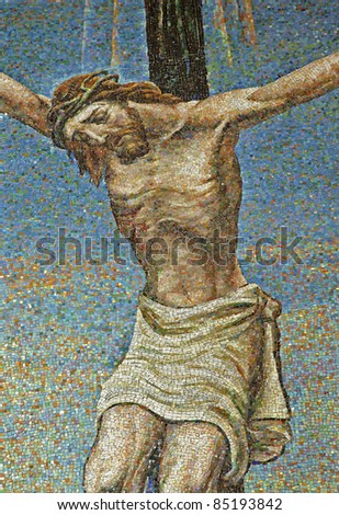 Milan - mosaic - Jesus on the cross - San Agostino church