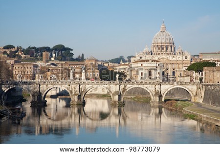 Rome - Angels bridge and St. Peter s basilica in morning