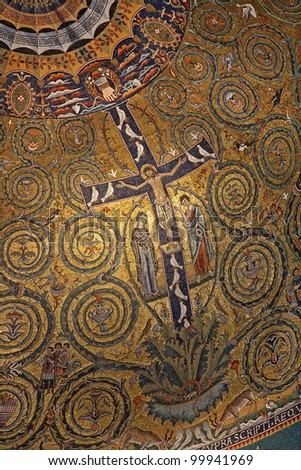 Rome - mosaic of Jesus on the cross from  San Clemente church