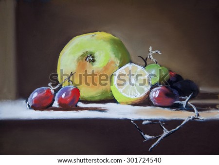 Still life with grapes, apple and lemon. Original pastel painting on paper