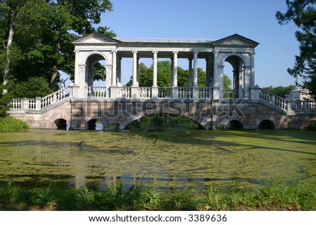 Marble Bridge in Catherine park. Tsarskoye Selo  is a former Russian residence of the imperial family and visiting nobility 24 km south from the center of St. Petersburg.