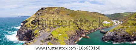Panoramic shot of the harbour entrance and dramatic scenery at Boscastle Cornwall England UK