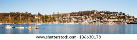 Wide panoramic shot of the River Dart with Kingswear in the background.