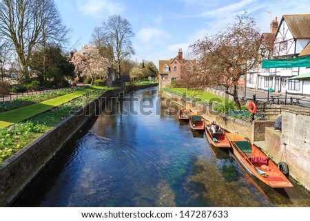 Riverside scenery on the River Stour at Canterbury Kent England UK