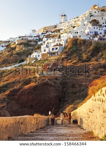 Evening light on the path down to Path to Ammoudi Bay Santorini with Oia above.