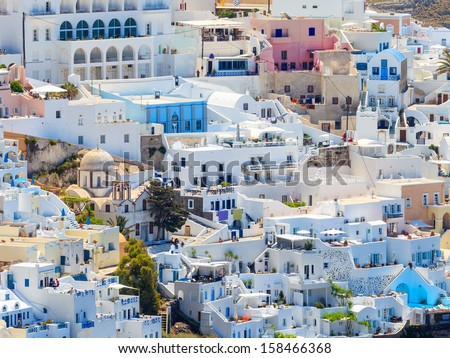 The close up view of buildings on the caldera in principal town of Fira Santorini Greece Europe