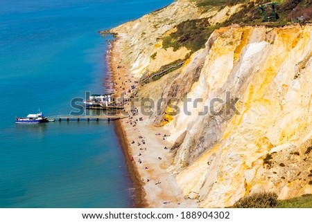 Overlooking the beach and colourful sandy cliffs at Alum Bay on the Isle of Wight England UK Europe