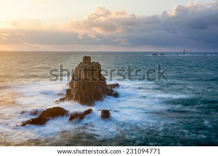 The rock formation known as the Armed Knight off the coast of Lands End Cornwall England UK Europe