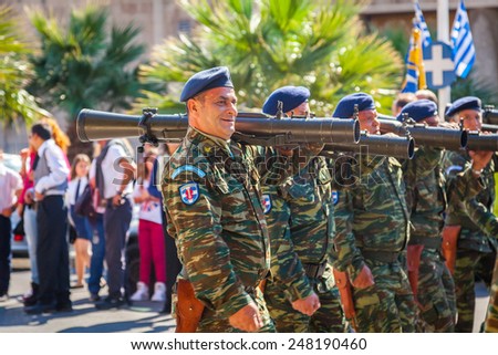 RHODES TOWN GREECE - 28 OCT 2014: Greek soliders parade during the 28th October national holiday remembering the refusal of Greece in 1940 to accept the italian ultimatum advanced by Benito Mussolini.