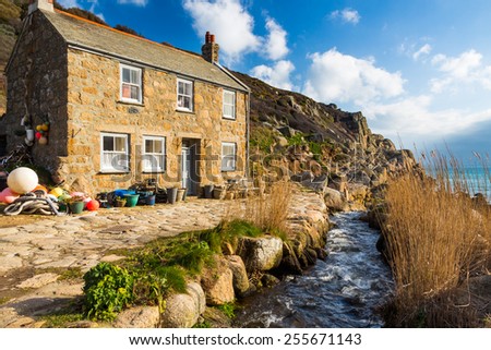 Stream and Cottage at Penberth Cove Penwith Cornwall England UK Europe