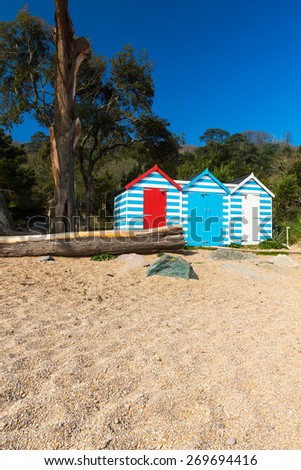 Colourful beach huts at Blackpool Sands in the South Hams. Devon England UK Europe.
