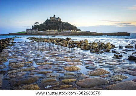 Dusk on the causeway leading to St Michaels Mount off the coast of Marazion Cornwall England UK