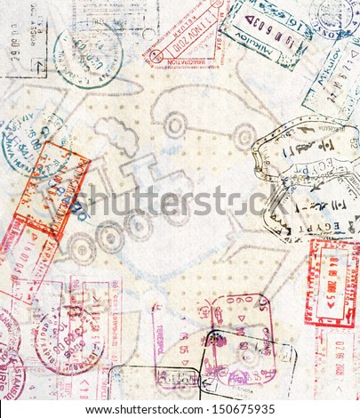 Travel Background With Different Passport Stamps And Four Types Of Transport