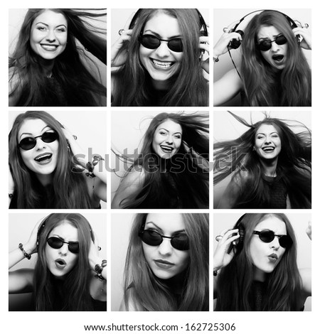 Young woman performing various expressions with her face. Black and white picture.