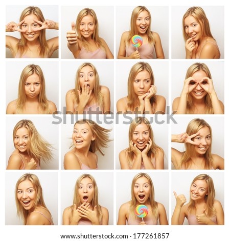Collage of the same woman making diferent expressions. Studio shot.