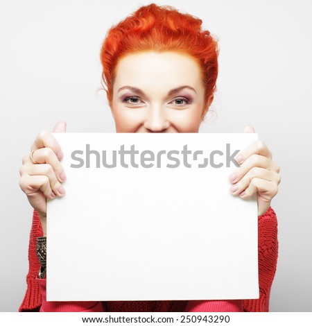 young casual woman happy holding blank sign, happy time
