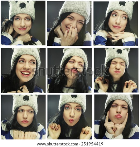 Collage of the same woman in winter hat making diferent expressions.Studio shot.