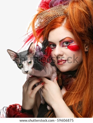 yong princess with cat. creative fantasy make-up.
